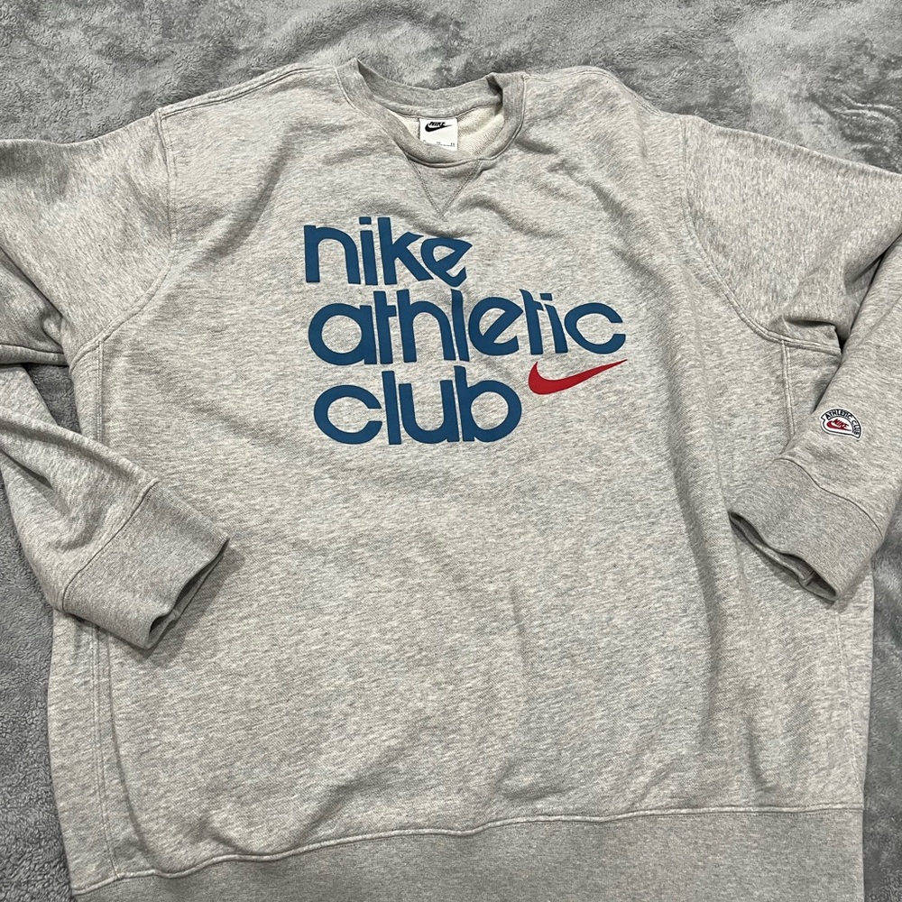 Nike Men's Gray Crewneck Sweater with Blue and Red Logo
